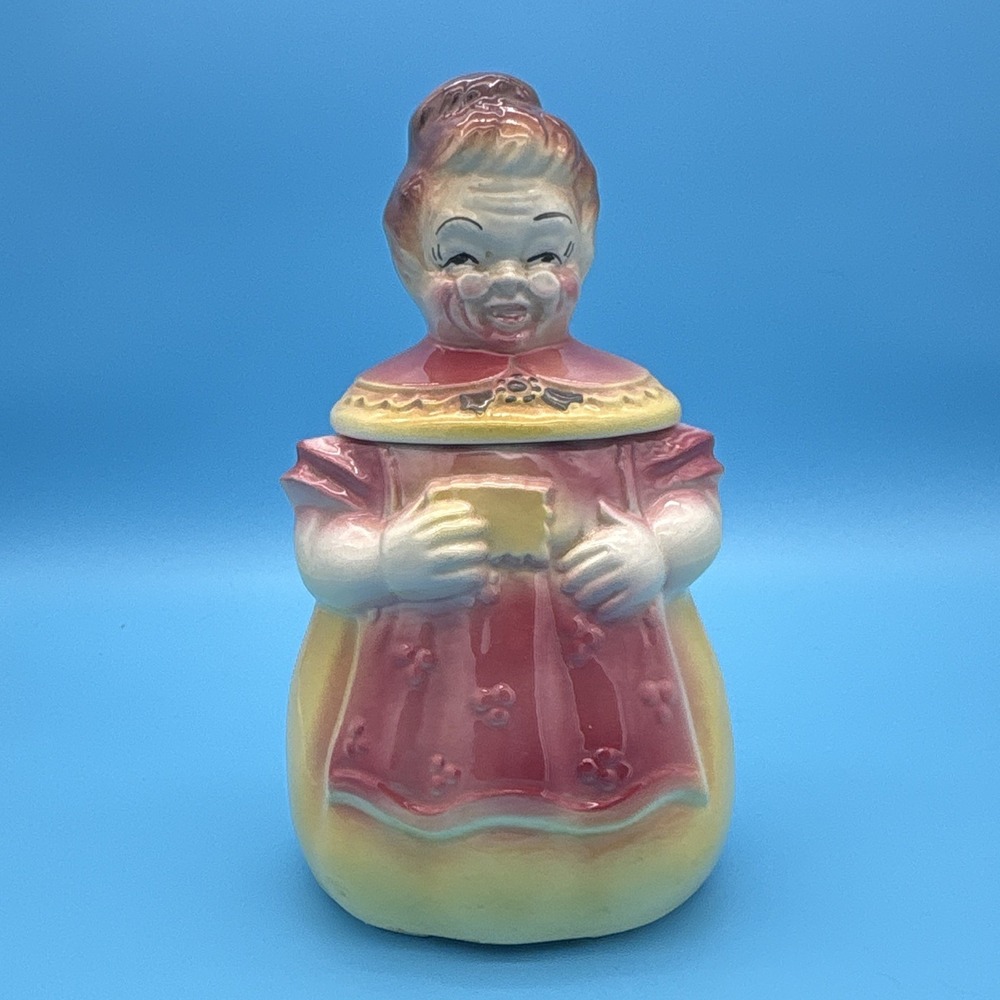 Vtg American Bisque Baking Grandma Cookie Jar 13" Louise Bauer Yellow Red Apron